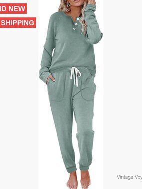 Women's Loose Fit Sweatsuit Set with Pockets, Long Sleeve Button Down Top